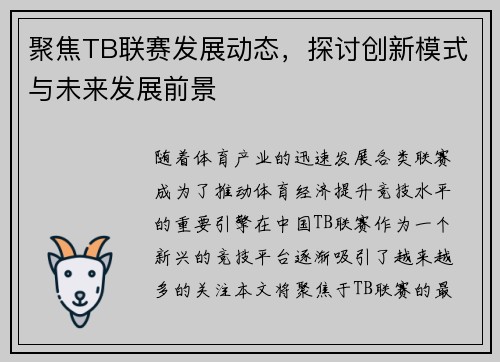 聚焦TB联赛发展动态，探讨创新模式与未来发展前景