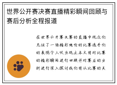 世界公开赛决赛直播精彩瞬间回顾与赛后分析全程报道