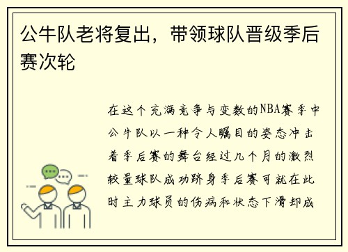 公牛队老将复出，带领球队晋级季后赛次轮
